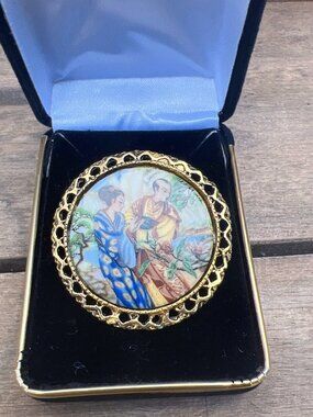 Hand-Painted Asian-Oriental Vintage Brooch With Oriental Scene & Gold-Tone Frame